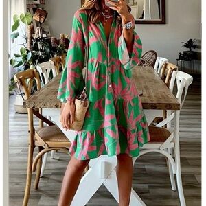 NWT Siorme Preppy Leaf Design Dress-Pink and Green, Size L